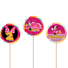 Afbeelding in Gallery-weergave laden, Gepersonaliseerde Minnie Mouse ronde regenboog lollies