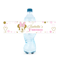 Afbeelding in Gallery-weergave laden, Gepersonaliseerde Minnie Mouse Goud waterfles labels en stickers
