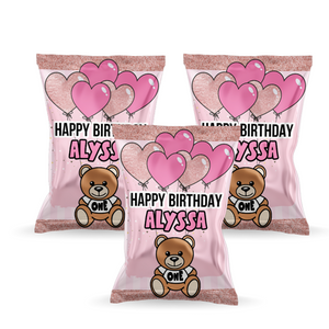 Gepersonaliseerde teddybeer roze popcorn uitdeelzakjes