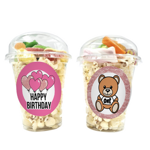 Gepersonaliseerde teddybeer roze snoep en popcorn bekers