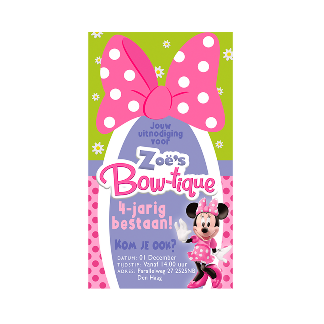 Gepersonaliseerde Minnie Mouse Bowtique uitnodiging (digitaal)