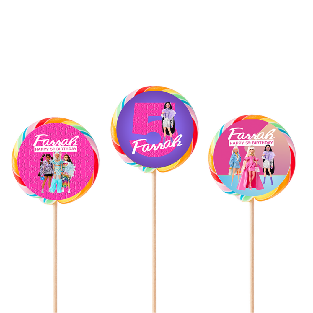 Gepersonaliseerde Barbie Modepop ronde regenboog lollies