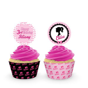 Gepersonaliseerde Barbie cupcake prikkers + omwikkeling