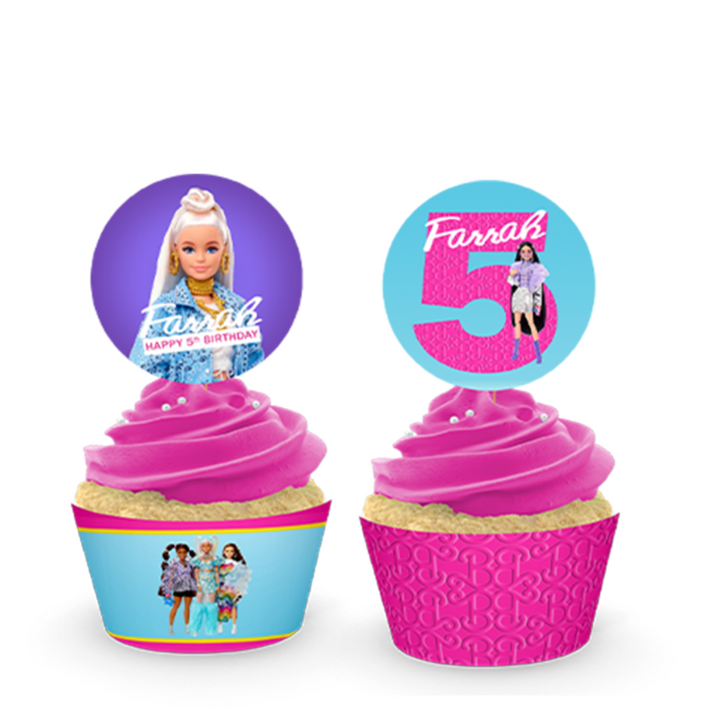 Gepersonaliseerde Barbie Modepop cupcake prikkers + omwikkeling