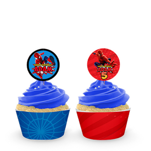 Gepersonaliseerde Spider-Man cupcake prikkers + omwikkeling