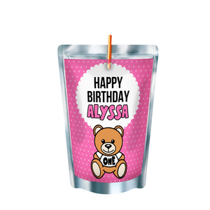 Gepersonaliseerde teddybeer roze Capri-Sun labels en stickers