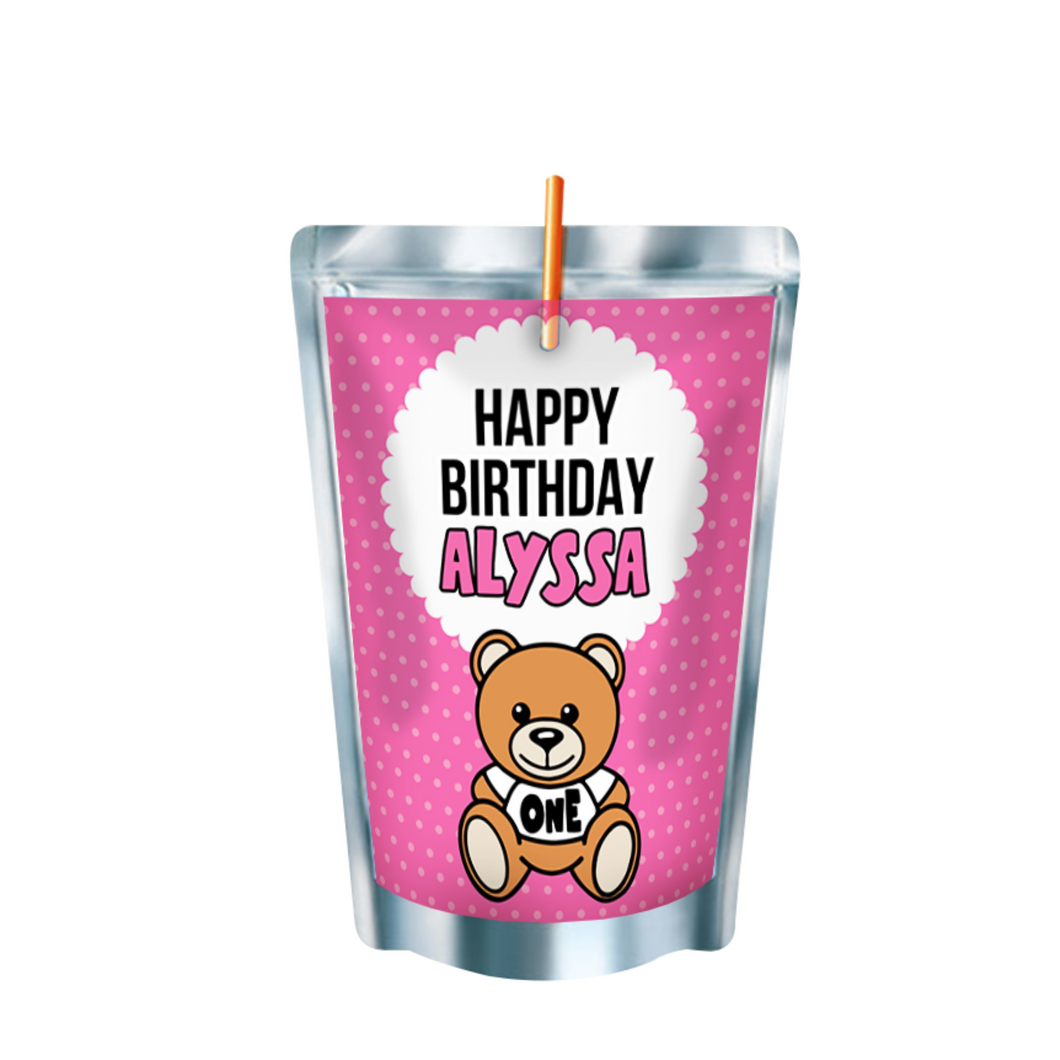 Gepersonaliseerde teddybeer roze Capri-Sun labels en stickers