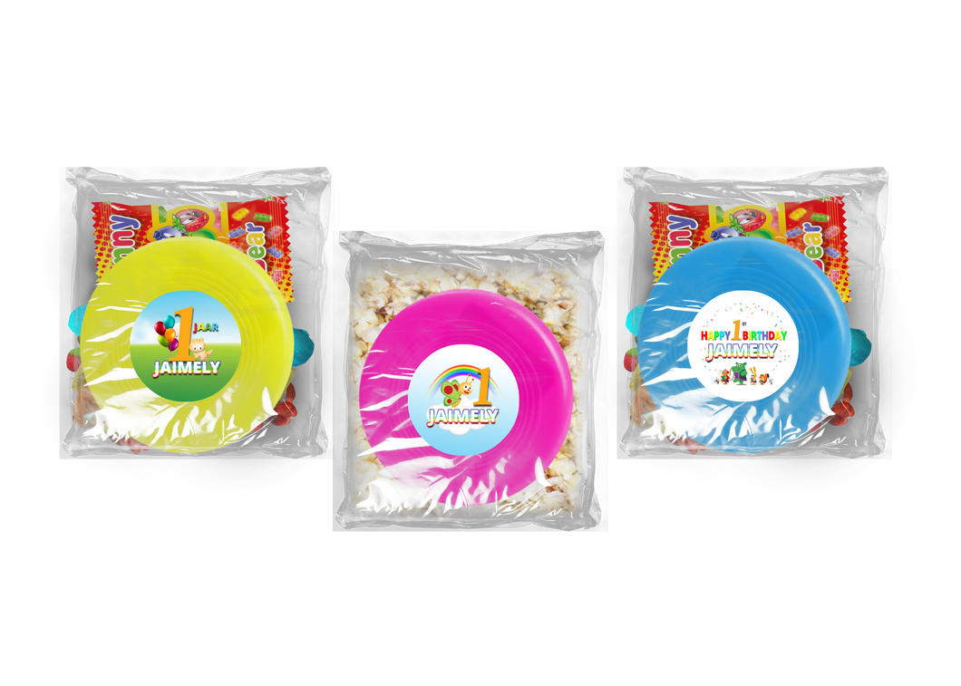 Gepersonaliseerde BabyTV snoep of popcorn frisbee zakjes