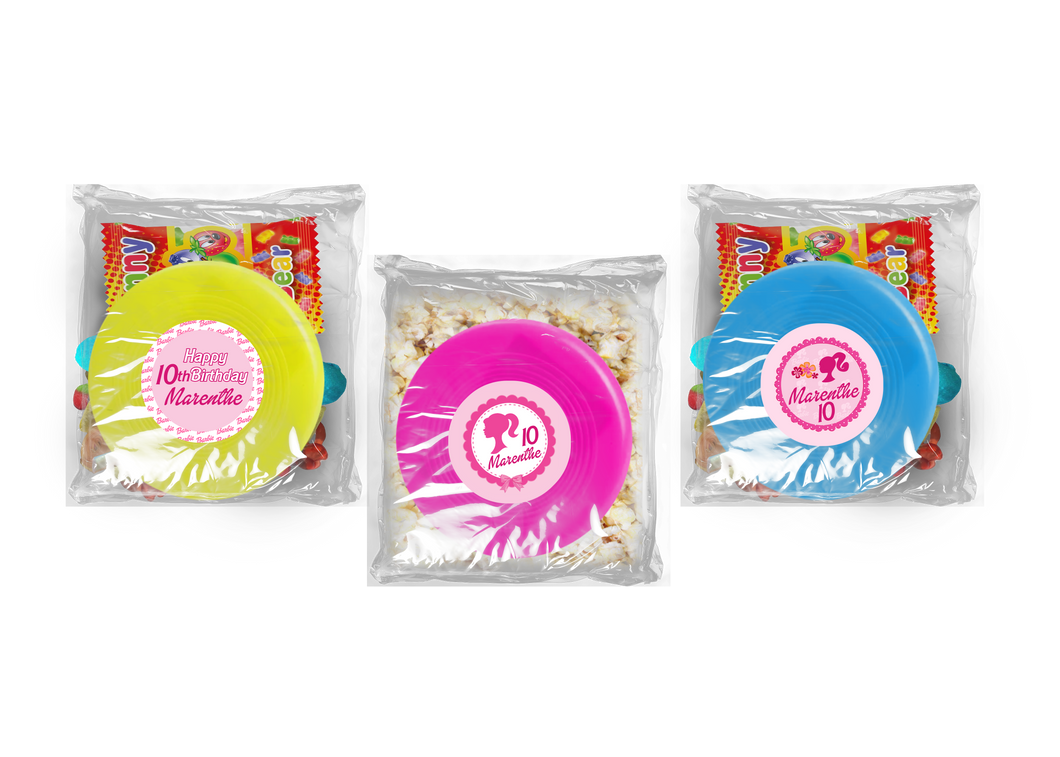 Gepersonaliseerde Barbie snoep of popcorn frisbee zakjes