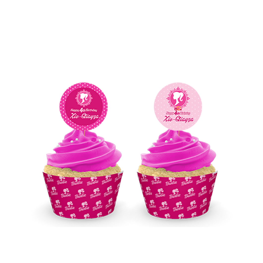 Gepersonaliseerde Barbie cupcake prikkers + omwikkeling