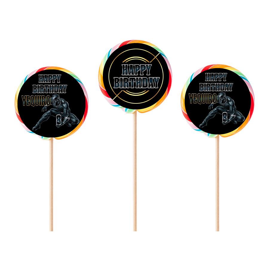 Gepersonaliseerde Black Panther ronde regenboog lollies