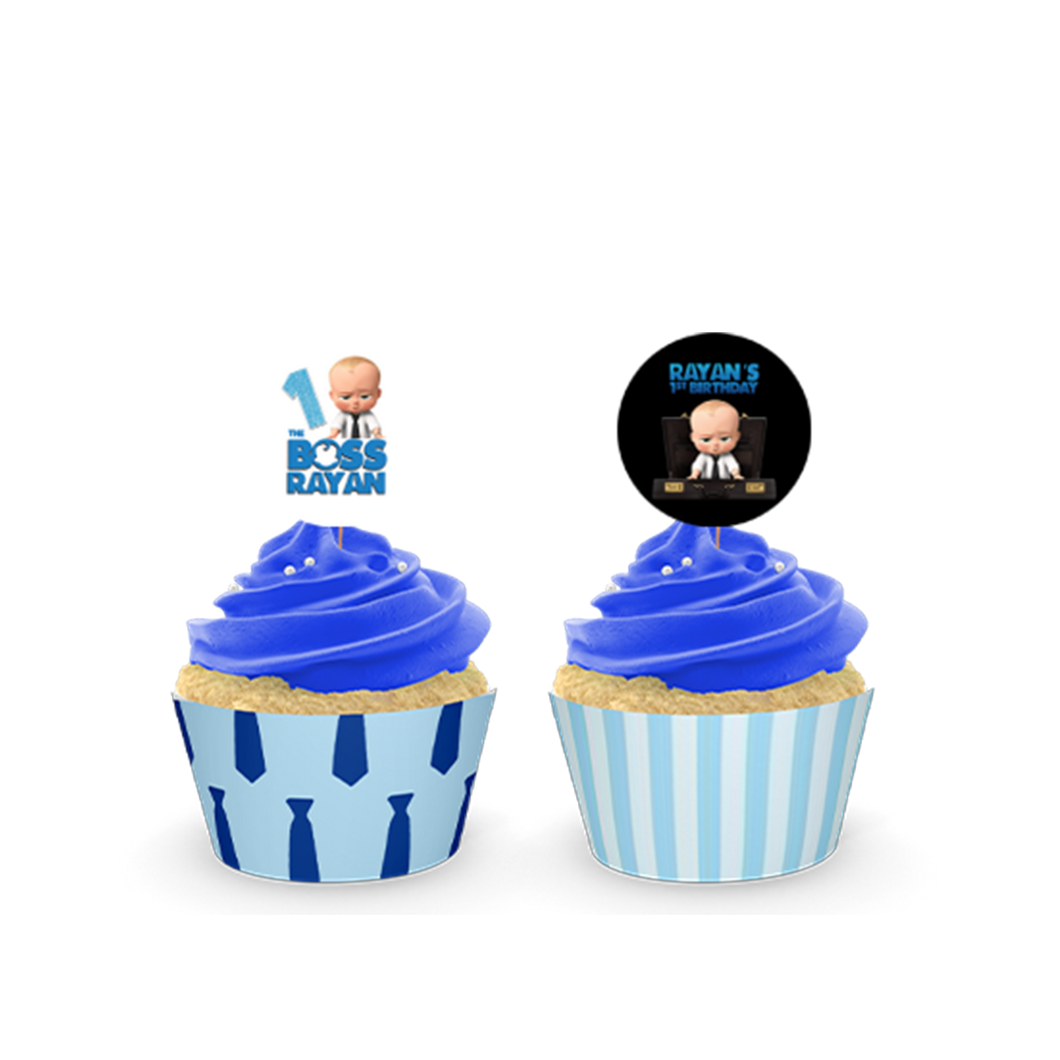 Gepersonaliseerde Boss Baby cupcake prikkers + omwikkeling