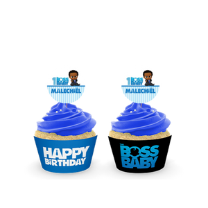 Gepersonaliseerde Boss Baby cupcake prikkers + omwikkeling