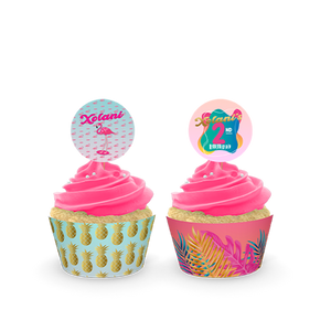 Gepersonaliseerde Flamingo cupcake prikkers + omwikkeling