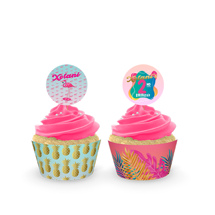 Gepersonaliseerde Flamingo cupcake prikkers + omwikkeling