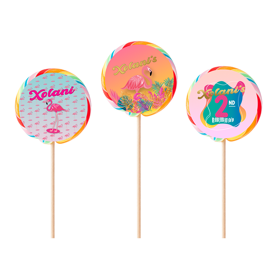 Gepersonaliseerde Flamingo ronde regenboog lollies