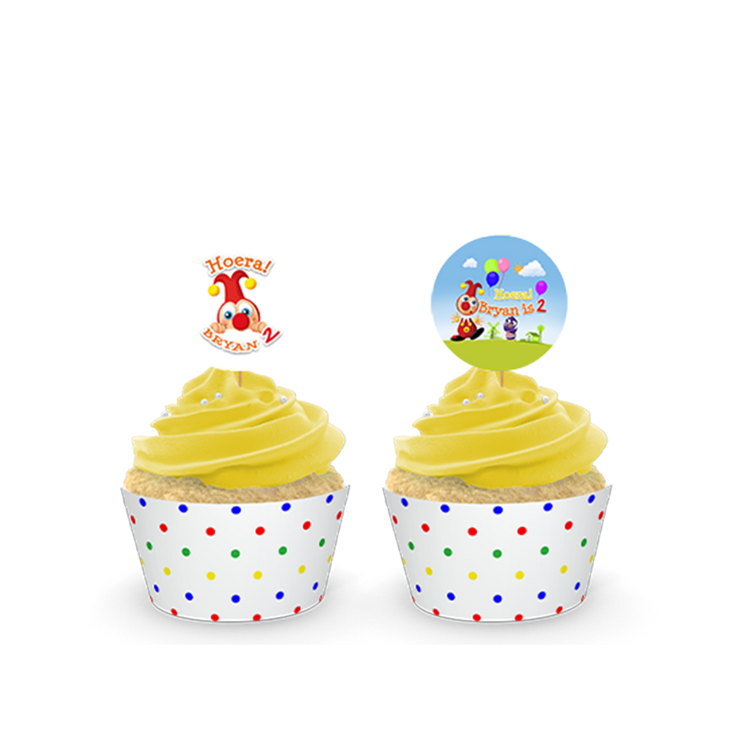 Gepersonaliseerde Jokie & Jet cupcake prikkers + omwikkeling