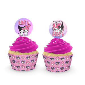 Gepersonaliseerde Kuromi en My Melody cupcake prikkers + omwikkeling