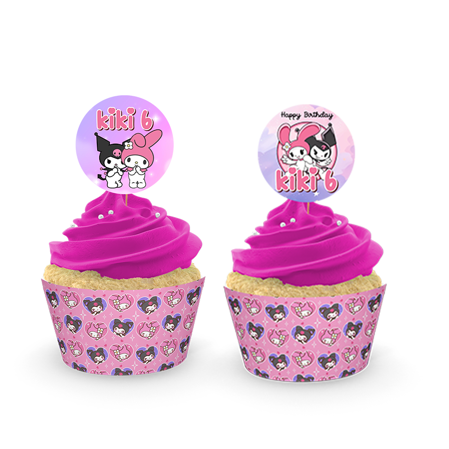 Gepersonaliseerde Kuromi en My Melody cupcake prikkers + omwikkeling