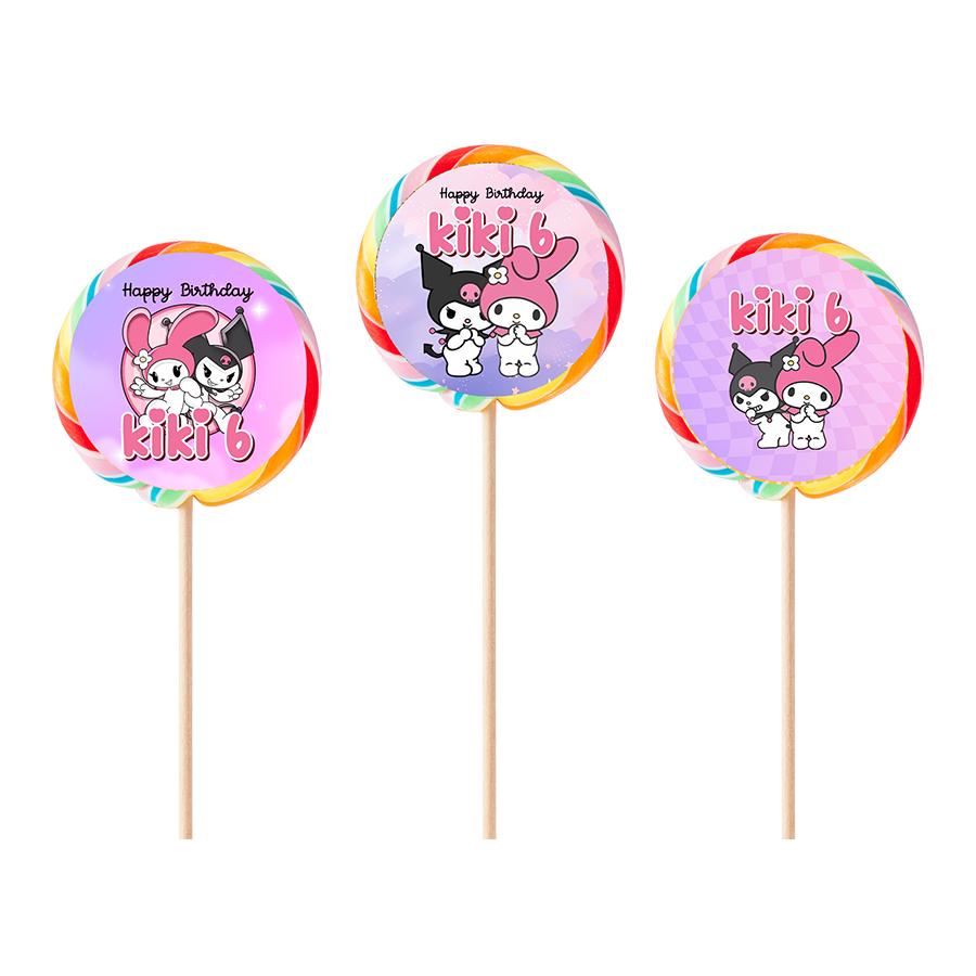 Gepersonaliseerde Kuromi en My Melody ronde regenboog lollies