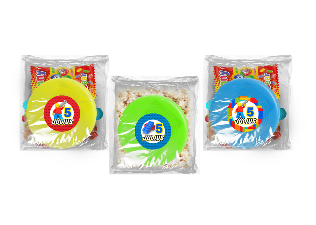 Gepersonaliseerde Lego snoep of popcorn frisbee zakjes