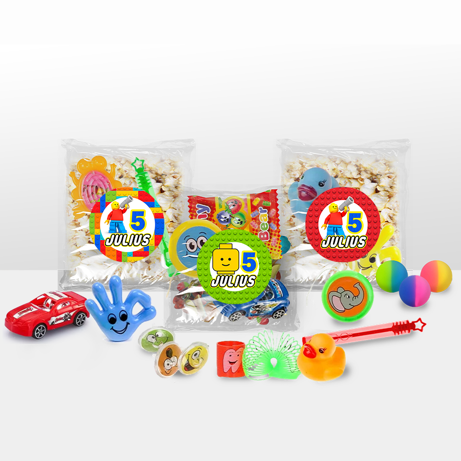 Gepersonaliseerde Lego snoep en popcorn speelgoed traktatie