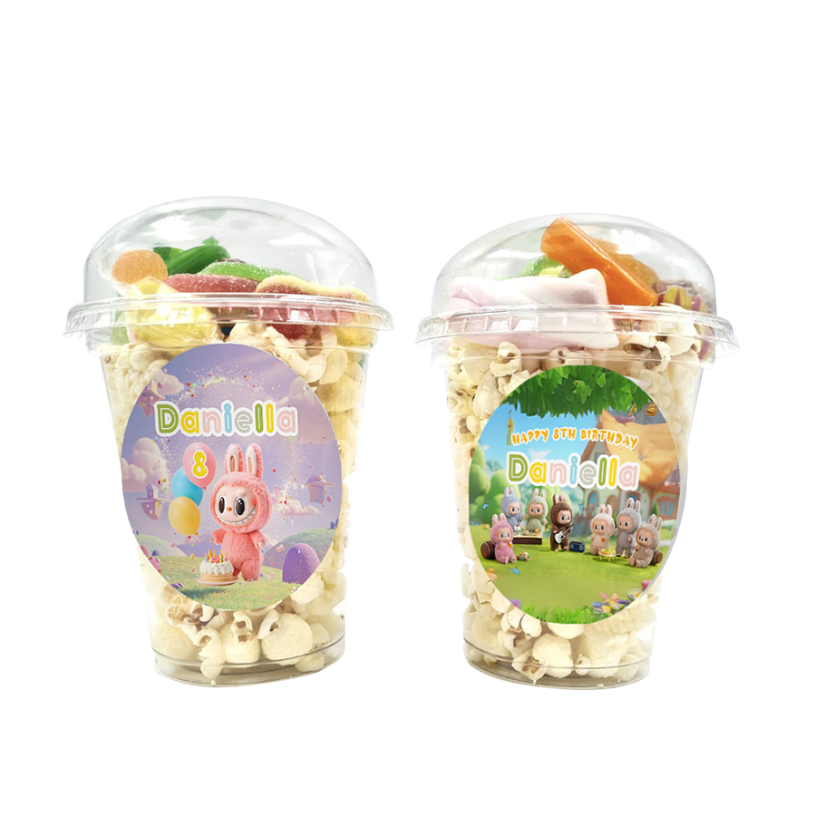 Gepersonaliseerde Labubu snoep en popcorn bekers