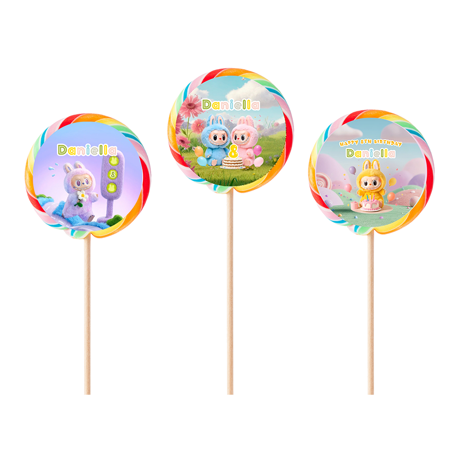 Gepersonaliseerde Labubu ronde regenboog lollies