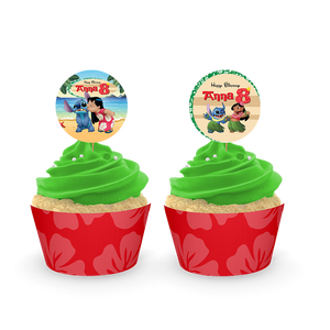 Gepersonaliseerde Lilo en Stitch cupcake prikkers + omwikkeling