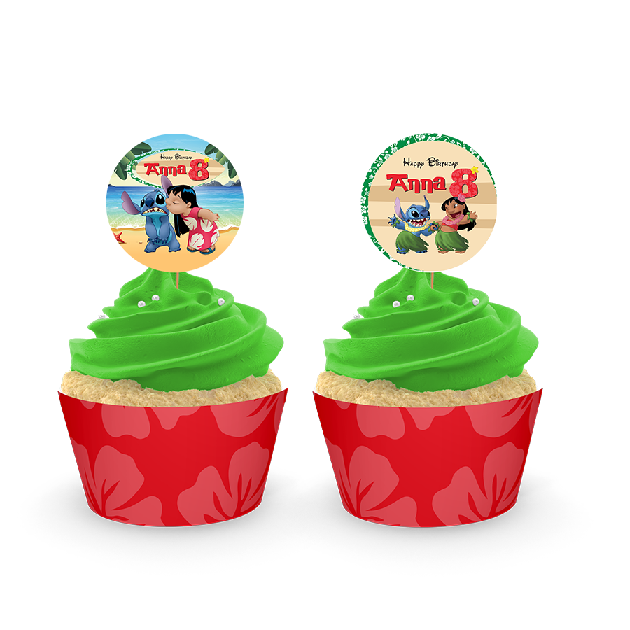 Gepersonaliseerde Lilo en Stitch cupcake prikkers + omwikkeling