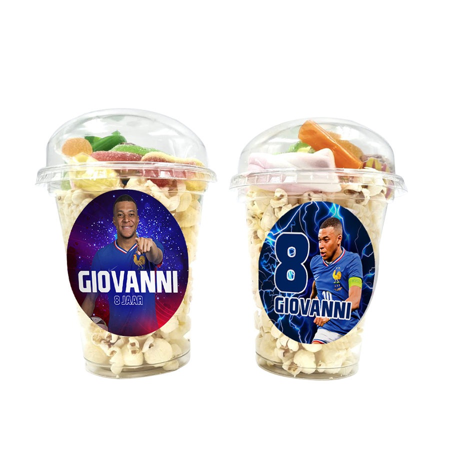 Gepersonaliseerde Kylian Mbappe snoep en popcorn bekers