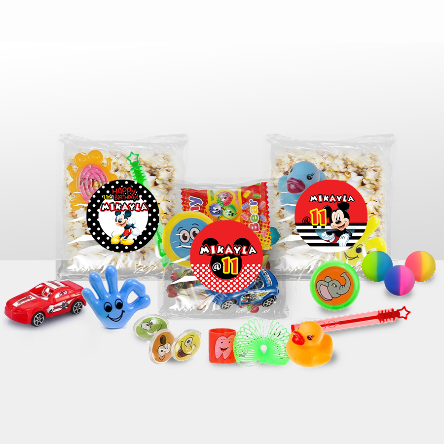 Gepersonaliseerde Mickey Mouse snoep en popcorn speelgoed traktatie