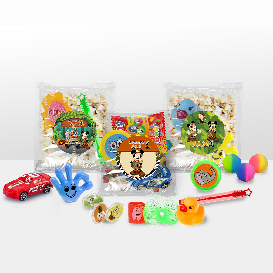 Gepersonaliseerde Mickey Safari snoep en popcorn speelgoed traktatie