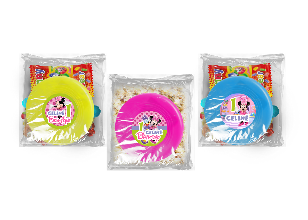 Gepersonaliseerde Minnie Mouse Bowtique snoep of popcorn frisbee zakjes