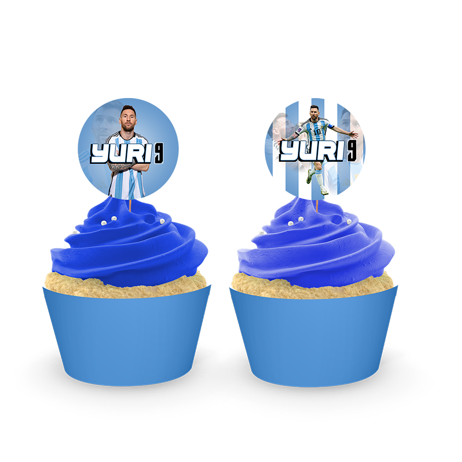 Gepersonaliseerde Messi cupcake prikkers + omwikkeling