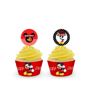 Gepersonaliseerde Mickey Mouse cupcake prikkers + omwikkeling