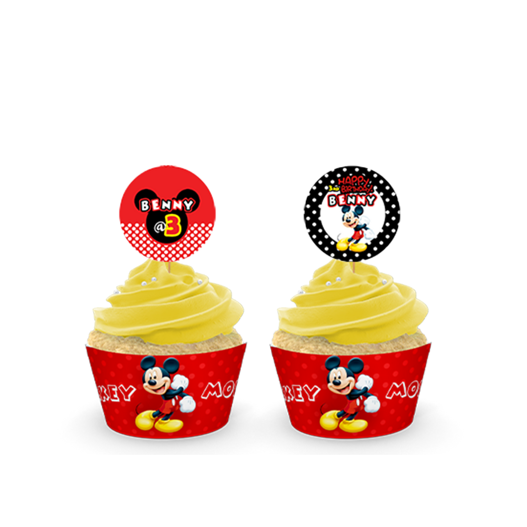 Gepersonaliseerde Mickey Mouse cupcake prikkers + omwikkeling