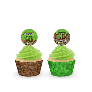 Gepersonaliseerde Minecraft cupcake prikkers + omwikkeling