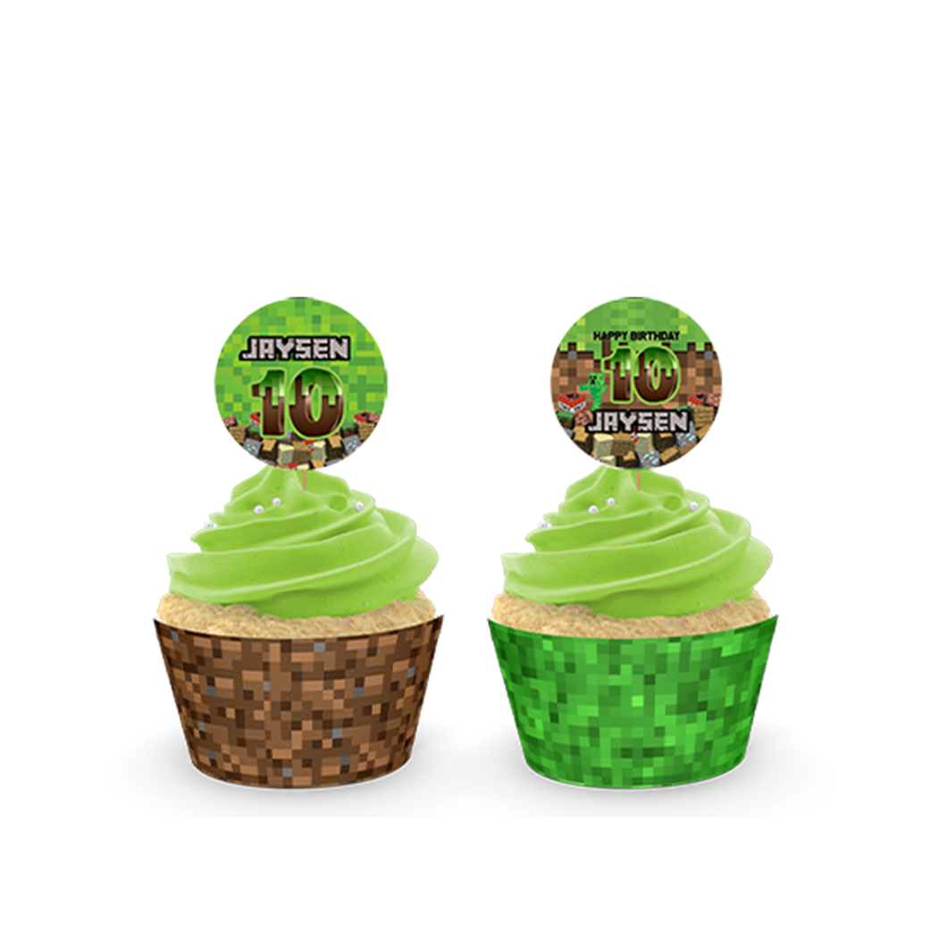 Gepersonaliseerde Minecraft cupcake prikkers + omwikkeling