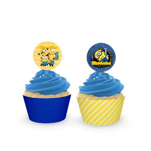 Gepersonaliseerde Minions cupcake prikkers + omwikkeling