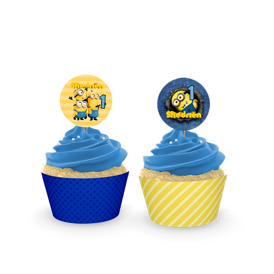 Gepersonaliseerde Minions cupcake prikkers + omwikkeling