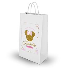 Afbeelding in Gallery-weergave laden, Gepersonaliseerde Minnie Mouse Goud traktatie uitdeel tasjes
