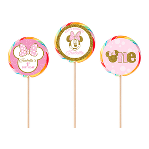 Gepersonaliseerde Minnie Mouse Goud ronde regenboog lollies