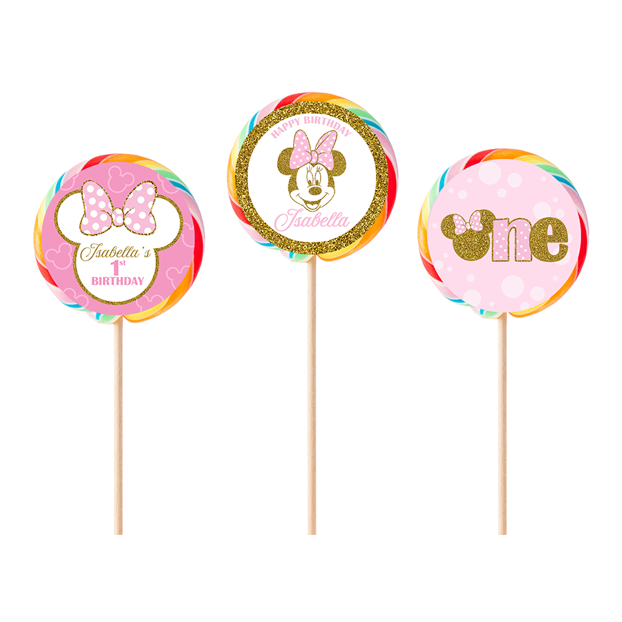 Gepersonaliseerde Minnie Mouse Goud ronde regenboog lollies