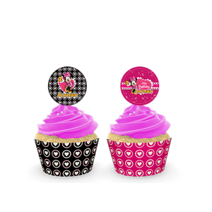 Gepersonaliseerde Minnie Mouse cupcake prikkers + omwikkeling