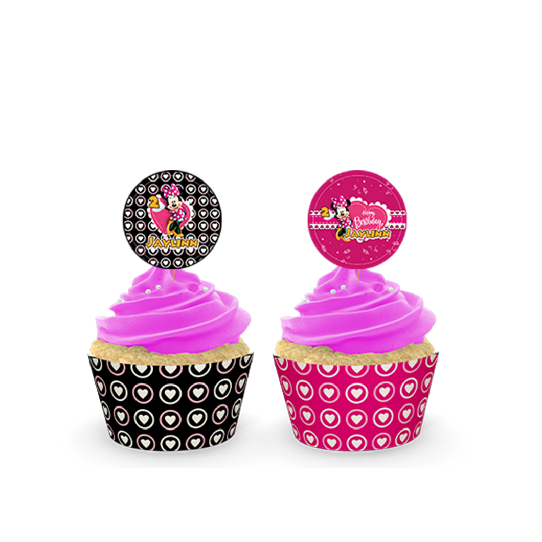 Gepersonaliseerde Minnie Mouse cupcake prikkers + omwikkeling