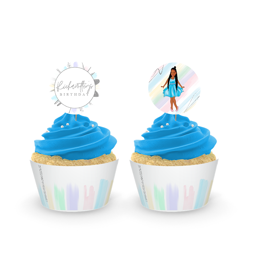 Gepersonaliseerde Pastel Silver cupcake prikkers + omwikkeling