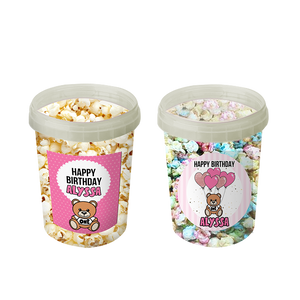 Gepersonaliseerde teddybeer roze popcorn emmers