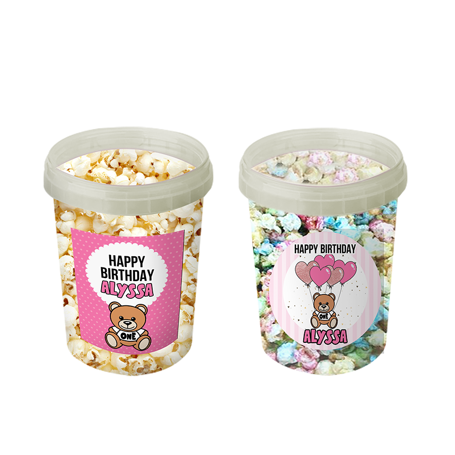 Gepersonaliseerde teddybeer roze popcorn emmers