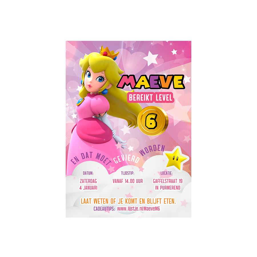 Gepersonaliseerde Princess Peach uitnodiging (digitaal)